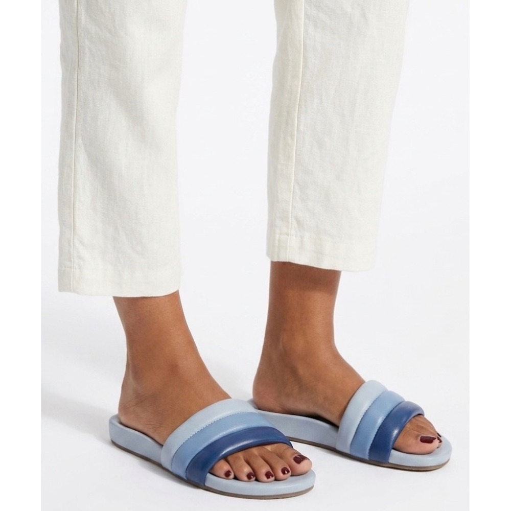 Seychelles Blue‎ Ombre Puffy Leather Slide Sandals 7 Tri-Tone Padded Flat